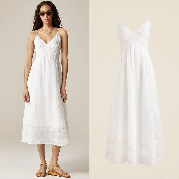 NWT J CREW Embroidered midi dress in ramie in white